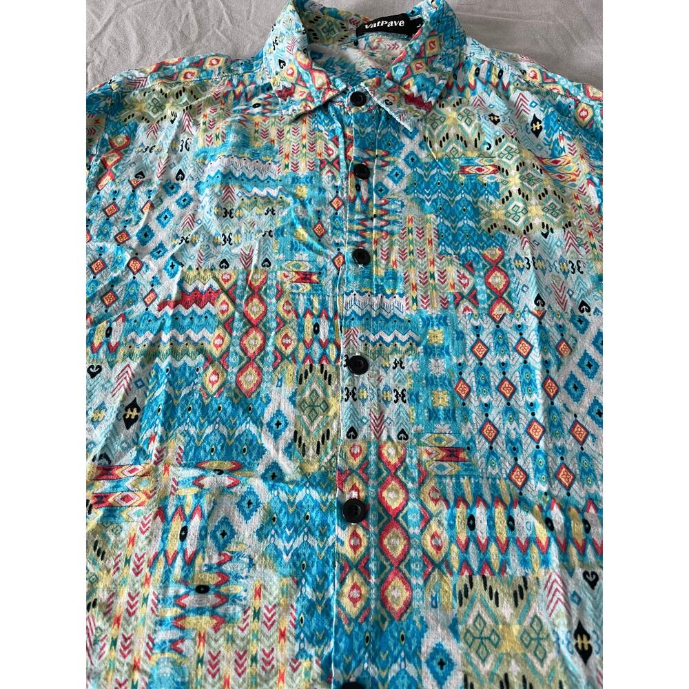 Vat Pave Abstract print Button Up Short Sleeve Top SZ L Cotton Blend - Picture 9 of 9
